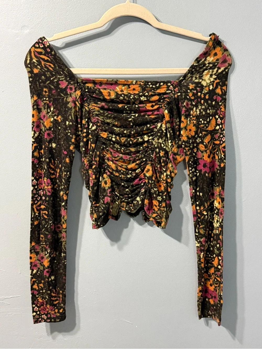 Free People Layer It On Me Top Womens Small Black Floral Ruched Lace Crop Blouse